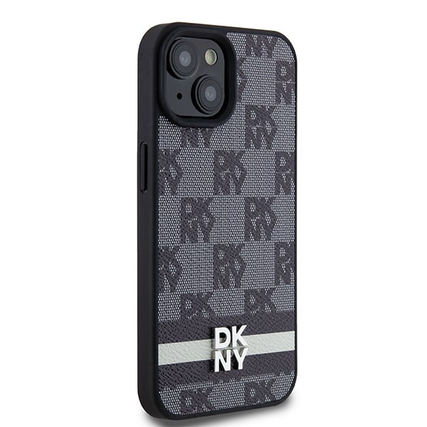 DKNY ternet læderetui med ensfarvet mønster og trykte striber til iPhone 15/14/13 - Sort