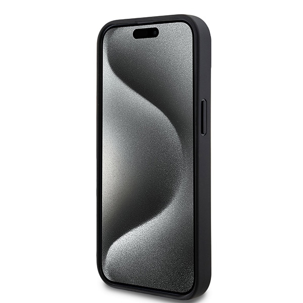 DKNY ternet læderetui med ensfarvet mønster og trykte striber til iPhone 15/14/13 - Sort