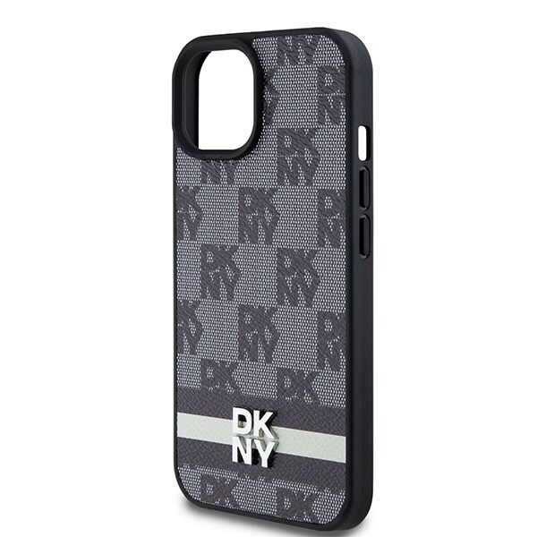 DKNY ternet læderetui med ensfarvet mønster og trykte striber til iPhone 15/14/13 - Sort
