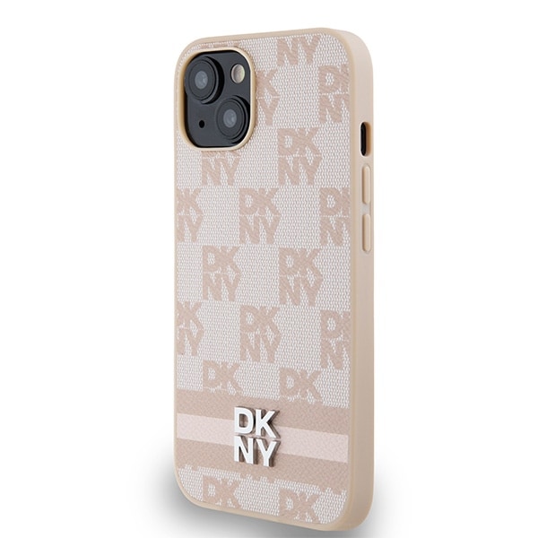 DKNY læderetui med ternet mønster og trykte striber til iPhone 15 / 14 / 13 - pink