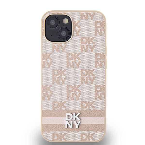 DKNY læderetui med ternet mønster og trykte striber til iPhone 15 / 14 / 13 - pink