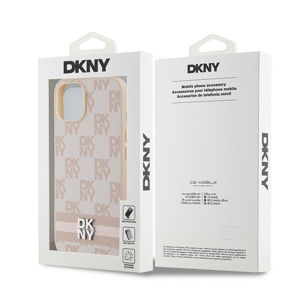 DKNY læderetui med ternet mønster og trykte striber til iPhone 15 / 14 / 13 - pink