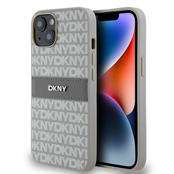 DKNY læderetui med monostribe og metallogo til iPhone 15 / 14 / 13 - beige