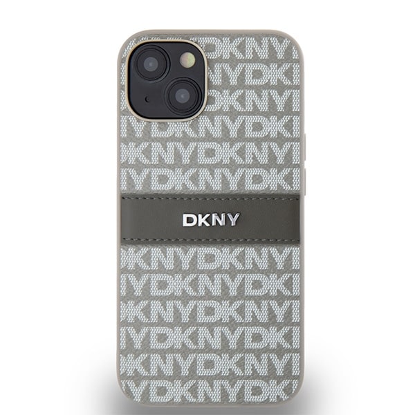 DKNY læderetui med monostribe og metallogo til iPhone 15 / 14 / 13 - beige