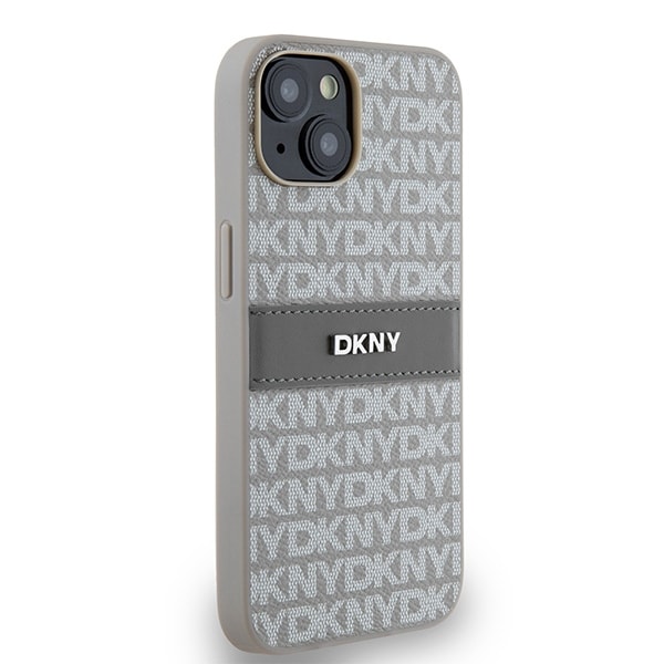 DKNY læderetui med monostribe og metallogo til iPhone 15 / 14 / 13 - beige