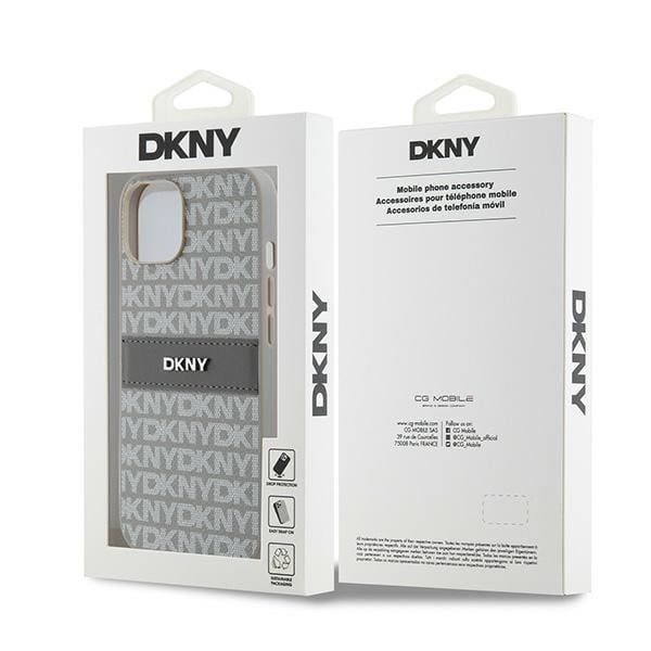 DKNY læderetui med monostribe og metallogo til iPhone 15 / 14 / 13 - beige