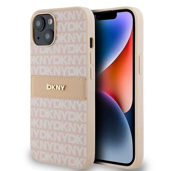 DKNY læderetui med monostribe og metallogo til iPhone 15 / 14 / 13 - pink