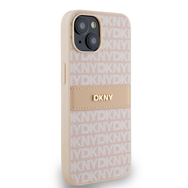 DKNY læderetui med monostribe og metallogo til iPhone 15 / 14 / 13 - pink