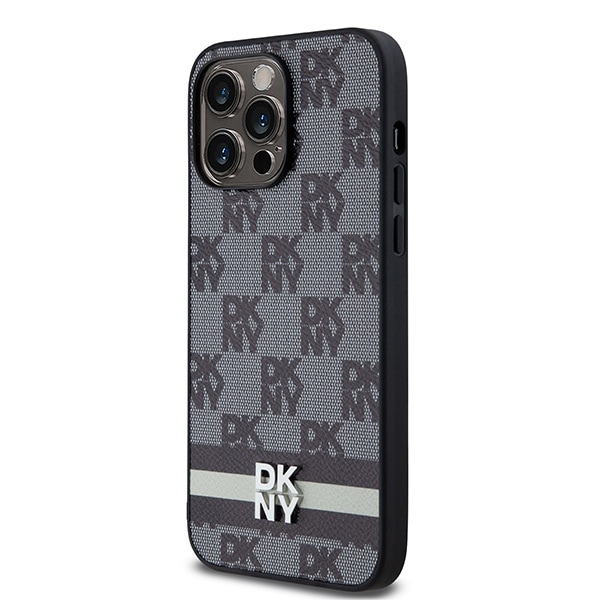 DKNY læderetui med ternet mønster og trykte striber til iPhone 14 Pro Max - Sort