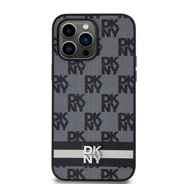 DKNY læderetui med ternet mønster og trykte striber til iPhone 14 Pro Max - Sort