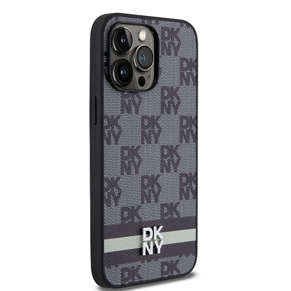 DKNY læderetui med ternet mønster og trykte striber til iPhone 14 Pro Max - Sort
