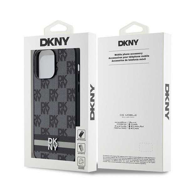 DKNY læderetui med ternet mønster og trykte striber til iPhone 14 Pro Max - Sort