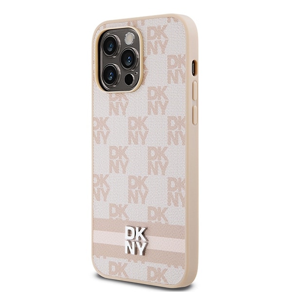 DKNY læderetui med ternet ensfarvet mønster og trykte striber til iPhone 14 Pro Max - pink