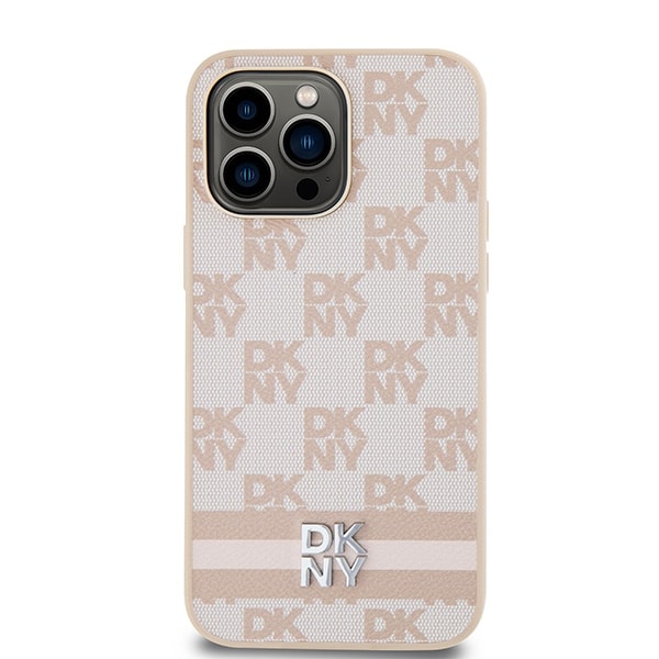 DKNY læderetui med ternet ensfarvet mønster og trykte striber til iPhone 14 Pro Max - pink