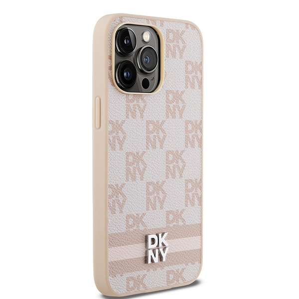 DKNY læderetui med ternet ensfarvet mønster og trykte striber til iPhone 14 Pro Max - pink