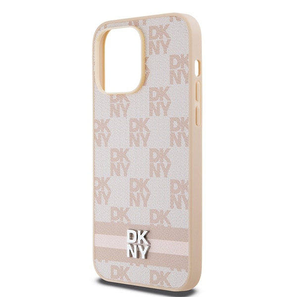 DKNY læderetui med ternet ensfarvet mønster og trykte striber til iPhone 14 Pro Max - pink
