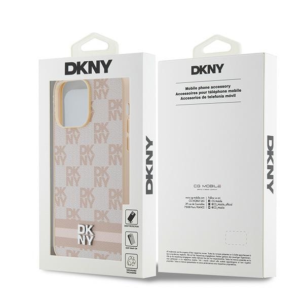 DKNY læderetui med ternet ensfarvet mønster og trykte striber til iPhone 14 Pro Max - pink