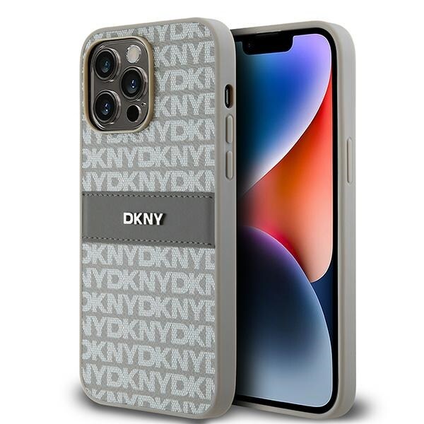 DKNY læderetui med monostribe og metallogo til iPhone 14 Pro Max - beige