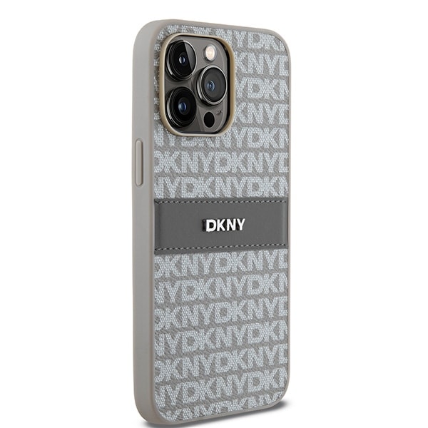 DKNY læderetui med monostribe og metallogo til iPhone 14 Pro Max - beige