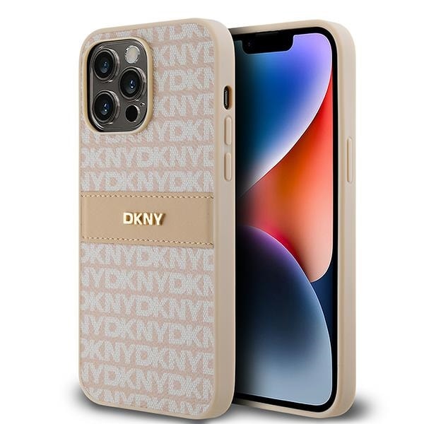 DKNY læderetui med monostribe og metallogo til iPhone 14 Pro Max - pink