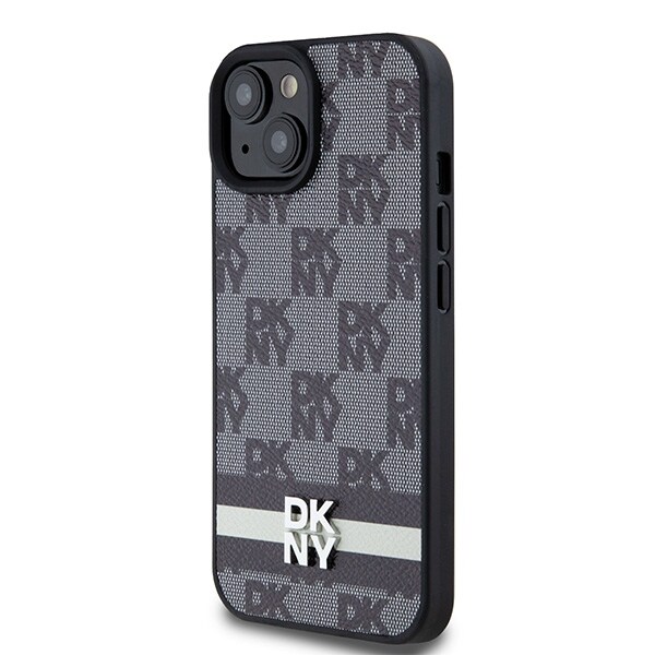 DKNY ternet læderetui med ensfarvet mønster og trykte striber til iPhone 15 Plus / 14 Plus - Sort
