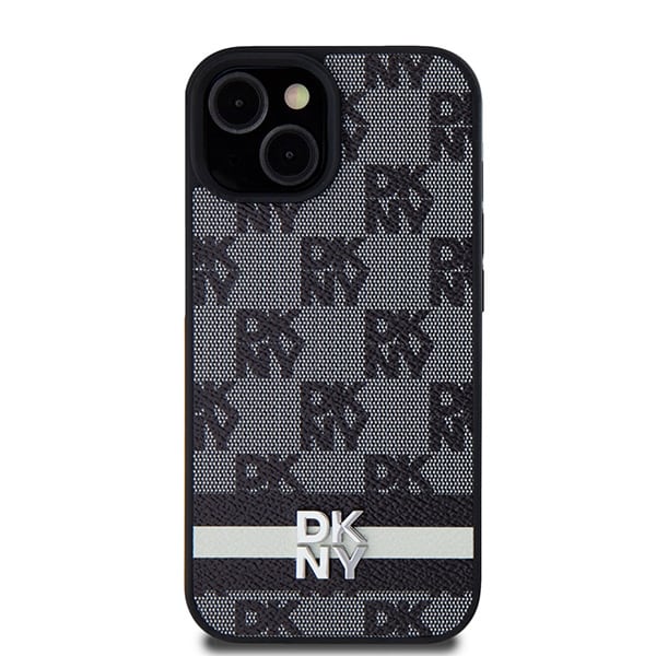 DKNY ternet læderetui med ensfarvet mønster og trykte striber til iPhone 15 Plus / 14 Plus - Sort