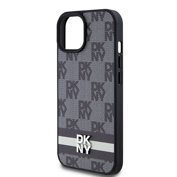 DKNY ternet læderetui med ensfarvet mønster og trykte striber til iPhone 15 Plus / 14 Plus - Sort