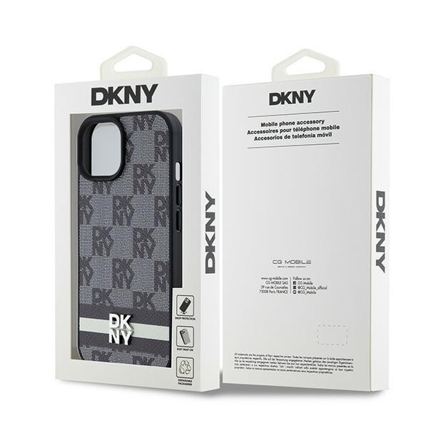 DKNY ternet læderetui med ensfarvet mønster og trykte striber til iPhone 15 Plus / 14 Plus - Sort
