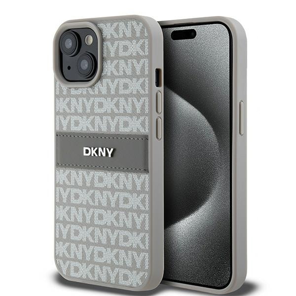 DKNY læderetui med monostribe og metallogo til iPhone 15 Plus / 14 Plus - beige