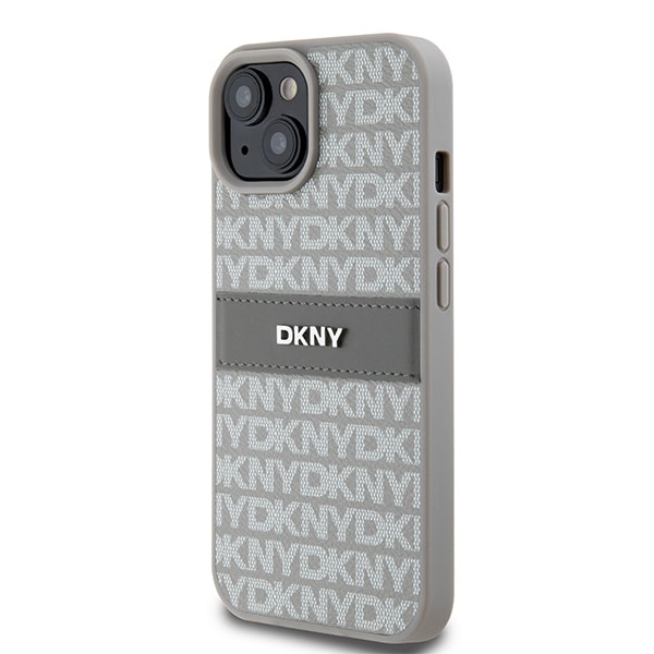 DKNY læderetui med monostribe og metallogo til iPhone 15 Plus / 14 Plus - beige