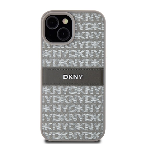 DKNY læderetui med monostribe og metallogo til iPhone 15 Plus / 14 Plus - beige