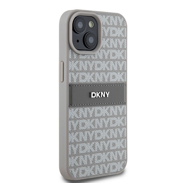 DKNY læderetui med monostribe og metallogo til iPhone 15 Plus / 14 Plus - beige