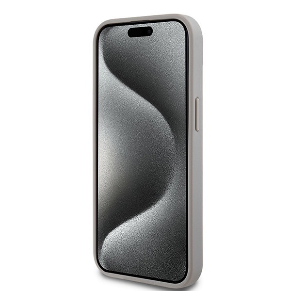 DKNY læderetui med monostribe og metallogo til iPhone 15 Plus / 14 Plus - beige