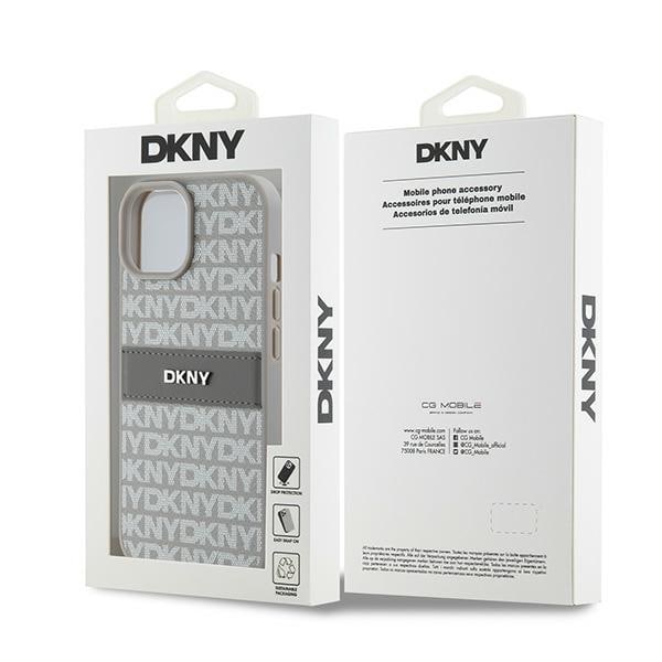 DKNY læderetui med monostribe og metallogo til iPhone 15 Plus / 14 Plus - beige
