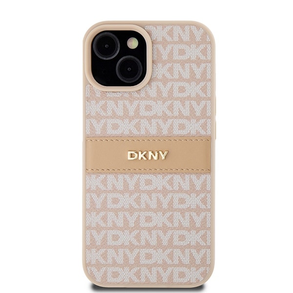 DKNY læderetui med monostribe og metallogo til iPhone 15 Plus / 14 Plus - Pink