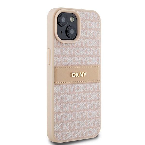 DKNY læderetui med monostribe og metallogo til iPhone 15 Plus / 14 Plus - Pink