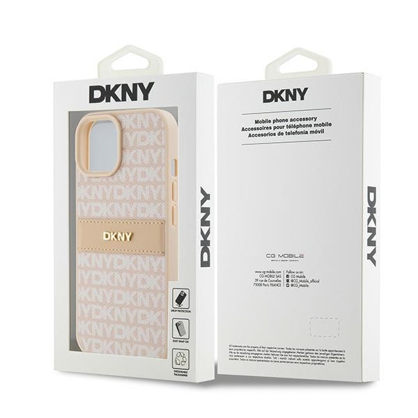 DKNY læderetui med monostribe og metallogo til iPhone 15 Plus / 14 Plus - Pink