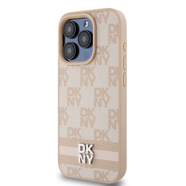 DKNY læderetui med ternet ensfarvet mønster og trykte striber til iPhone 15 Pro Max - pink