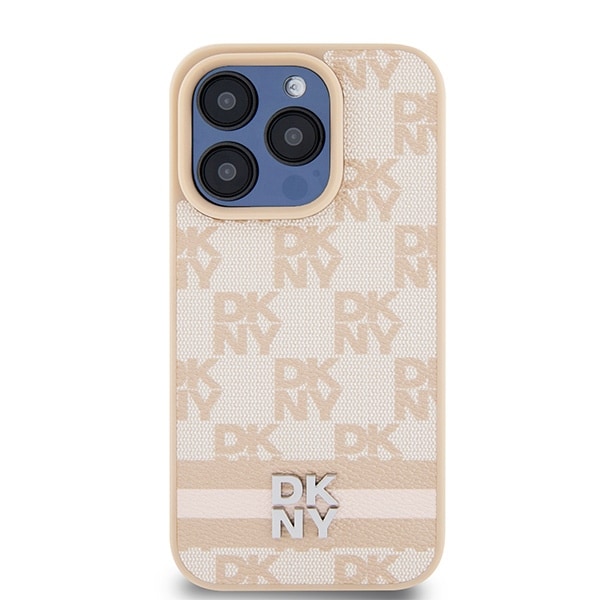 DKNY læderetui med ternet ensfarvet mønster og trykte striber til iPhone 15 Pro Max - pink