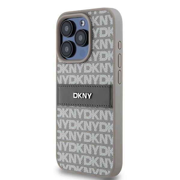DKNY læderetui med monostribe og metallogo til iPhone 15 Pro Max - beige