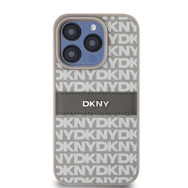 DKNY læderetui med monostribe og metallogo til iPhone 15 Pro Max - beige