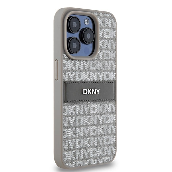 DKNY læderetui med monostribe og metallogo til iPhone 15 Pro Max - beige