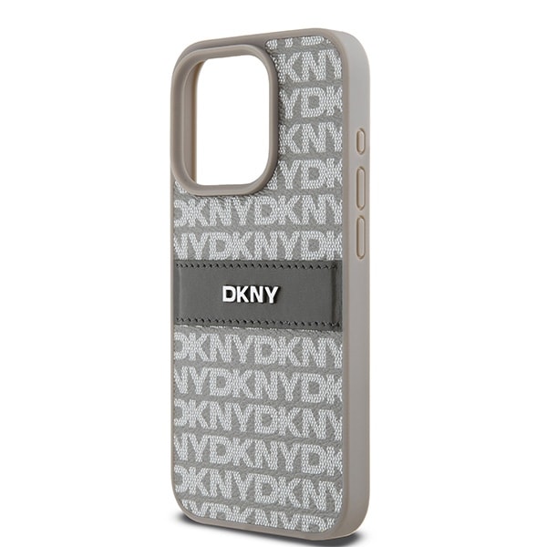 DKNY læderetui med monostribe og metallogo til iPhone 15 Pro Max - beige