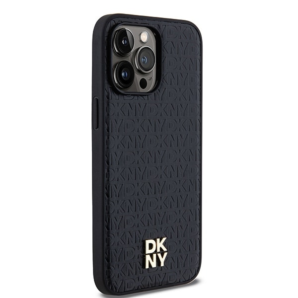 DKNY MagSafe-etui med lædermønster og metallogo til iPhone 14 Pro - sort