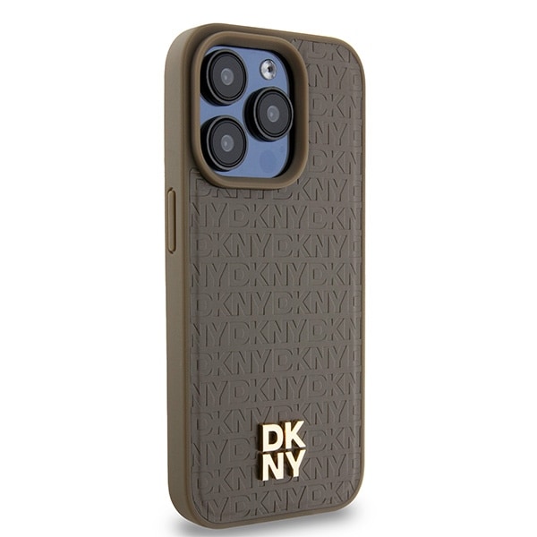 DKNY MagSafe-etui med lædermønster og metallogo til iPhone 14 Pro - brun