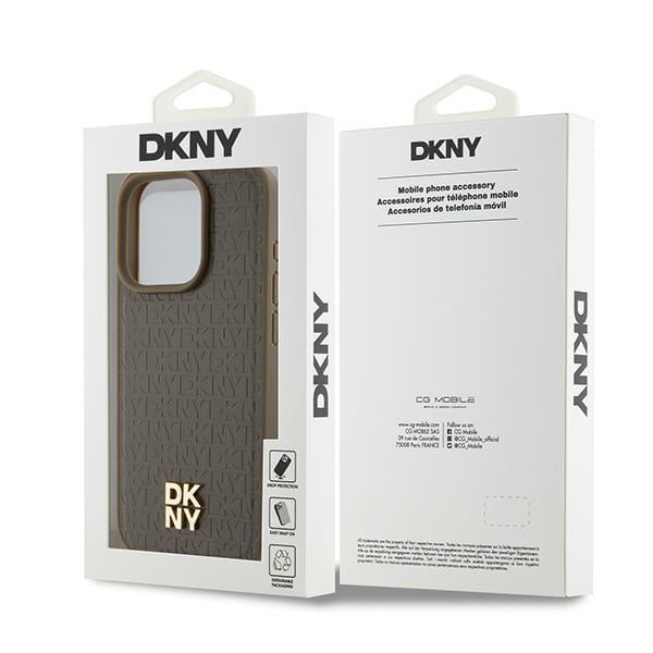 DKNY MagSafe-etui med lædermønster og metallogo til iPhone 14 Pro - brun