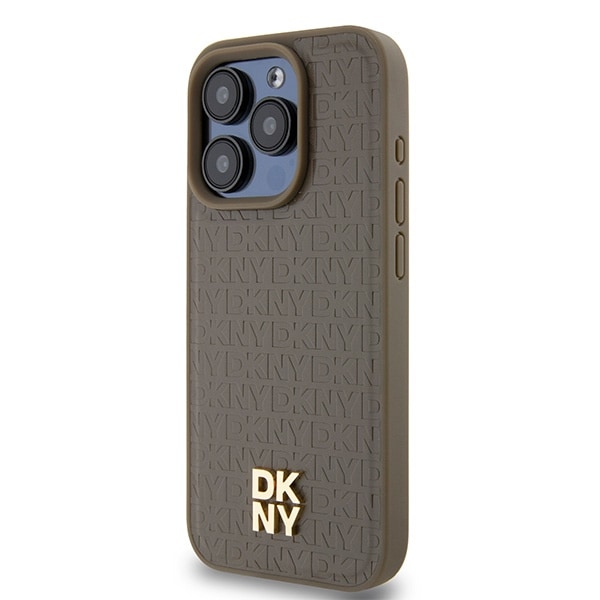 DKNY MagSafe-etui med lædermønster og metallogo til iPhone 14 Pro Max - Brun