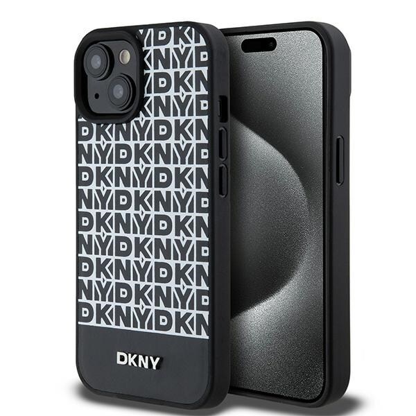 DKNY MagSafe-etui i læder med trykt mønster og metallogo til iPhone 15/14/13 - Sort