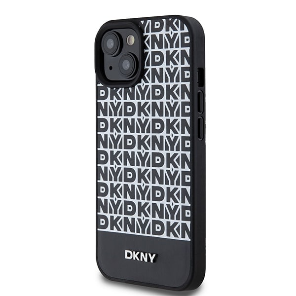DKNY MagSafe-etui i læder med trykt mønster og metallogo til iPhone 15/14/13 - Sort