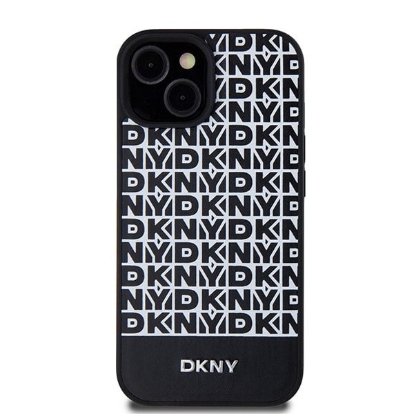 DKNY MagSafe-etui i læder med trykt mønster og metallogo til iPhone 15/14/13 - Sort